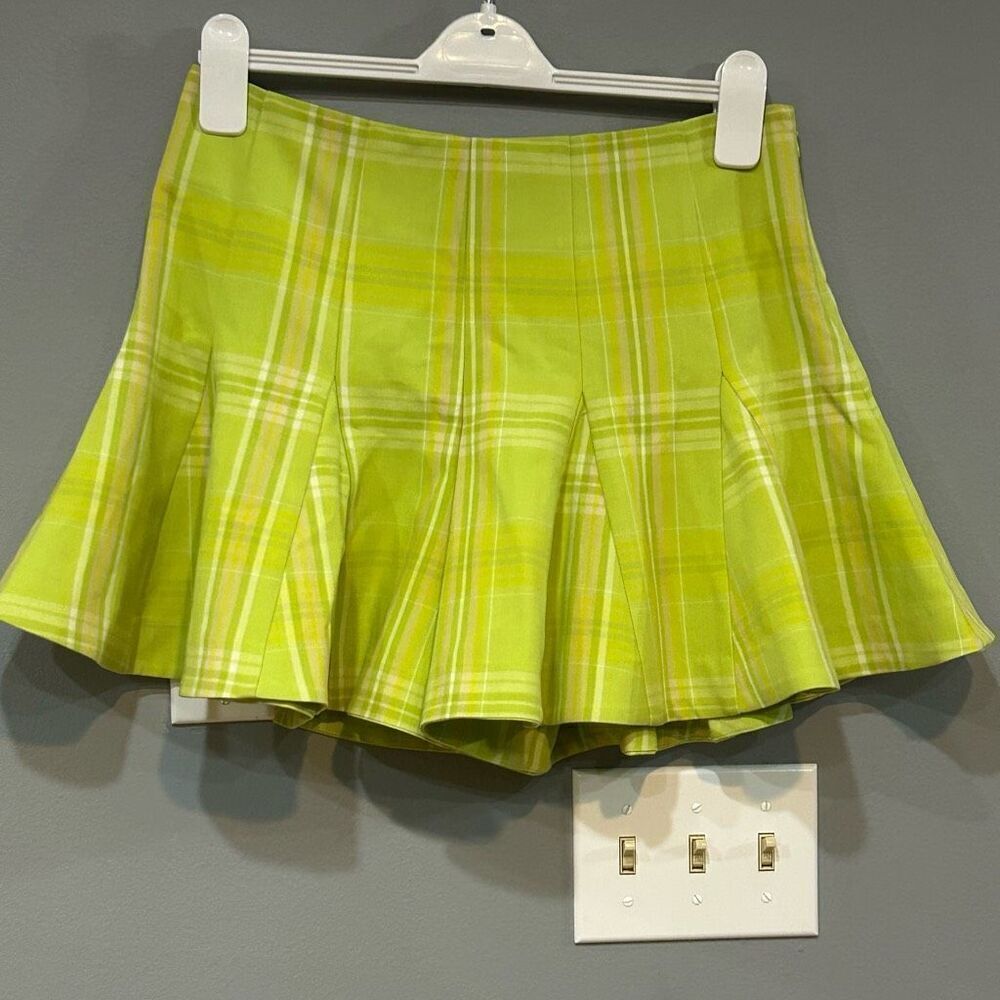 Maeve Anthropologie Skirty Godet Skort chartreuse‎ green plaid size 4 NEW